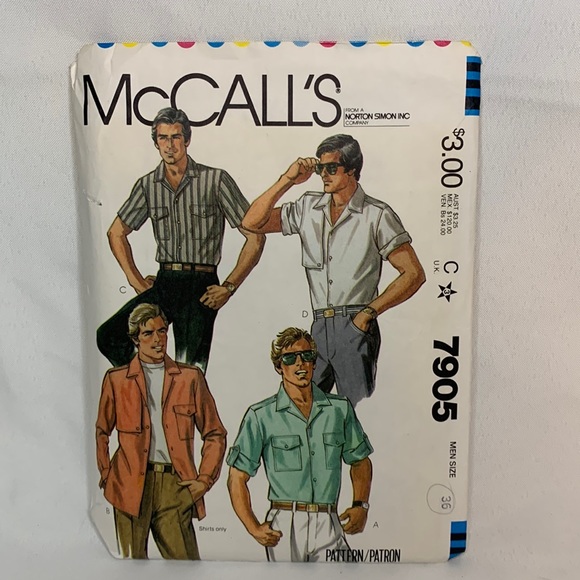 Vintage 1980’s McCall’s uncut #7905 mens sz 36 button up side vent shirt pattern - Picture 1 of 4